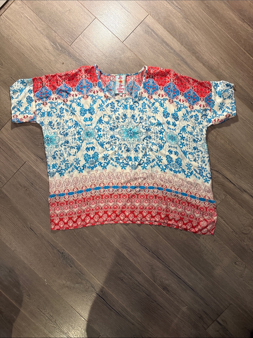 Johnny Was, Boho Floral Print Short Sleeve Top in Red, Blue, and Cream
